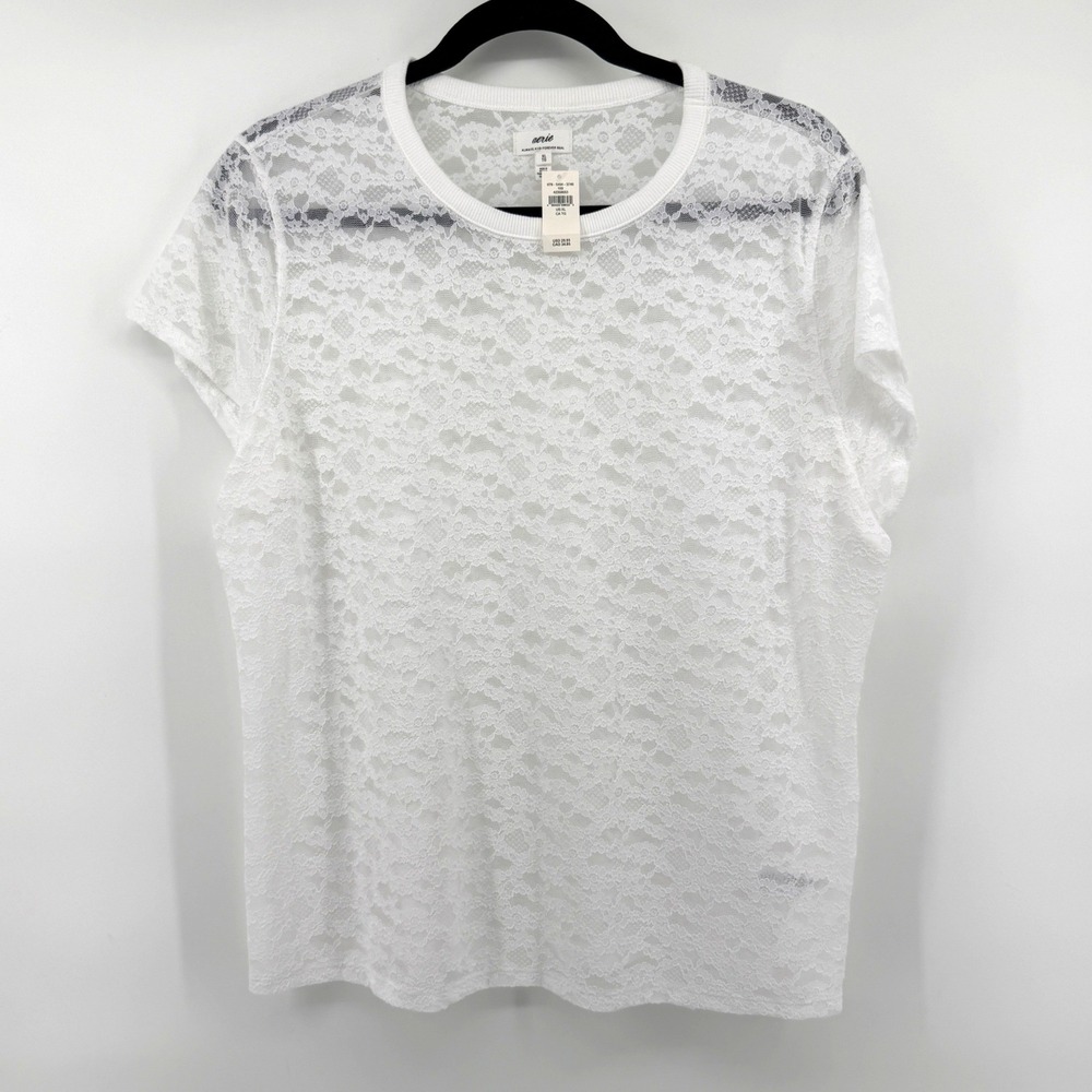 Aerie Top Floral Lace Sheer XL White Womens Short Sleeve Crew Neck Layering New